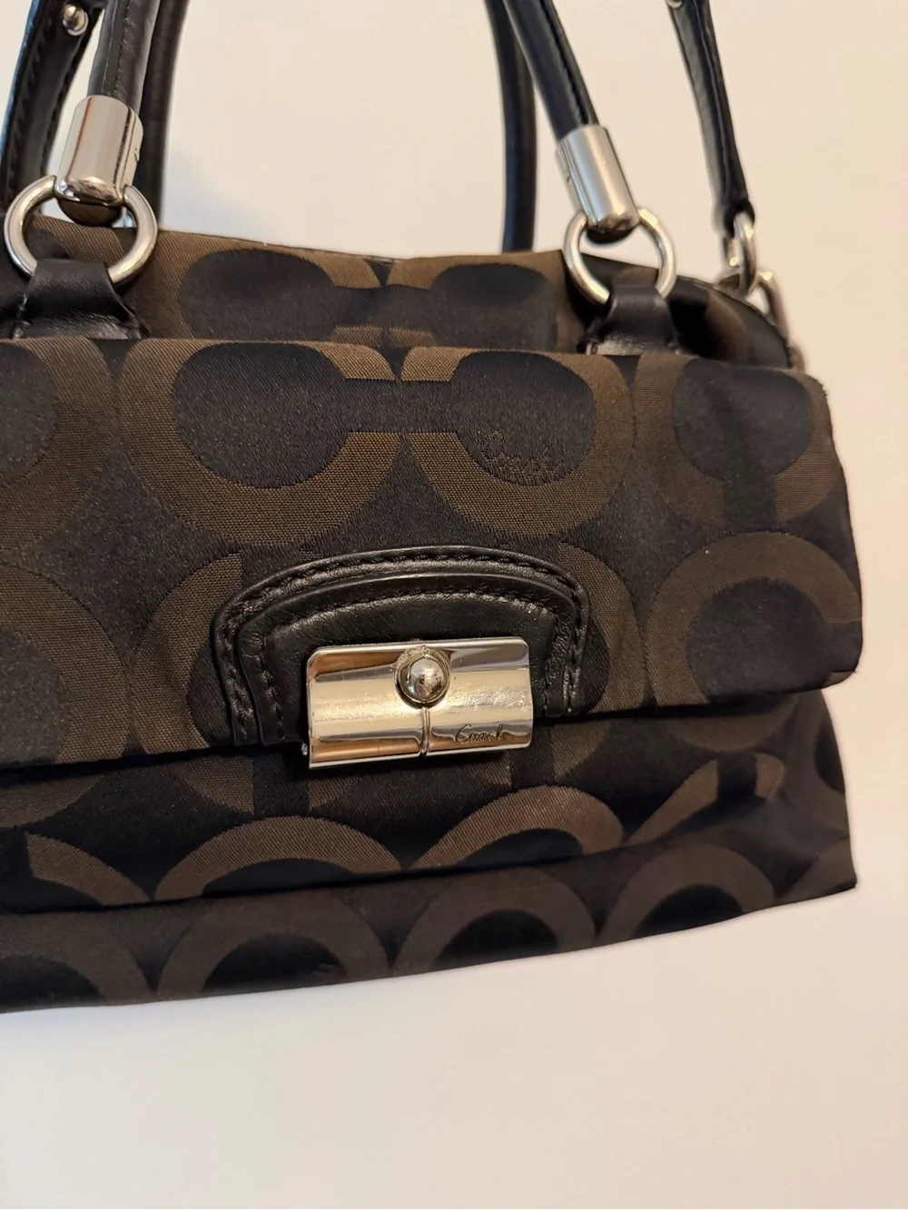 Coach Black and Brown Signature Satchel with Turn-Lock Detail